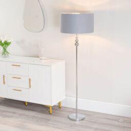 ValueLights Marissa Grey & Metallic Chrome Shade Brushed Gold Stacked Floor Lamp & Bulb