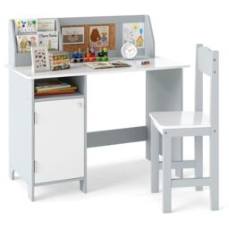 Costway Kids Table & Chair Set Children Study Table w/ Hutch in White