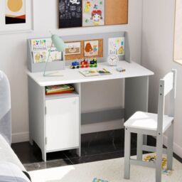 Costway Kids Table & Chair Set Children Study Table w/ Hutch in White - thumbnail 2