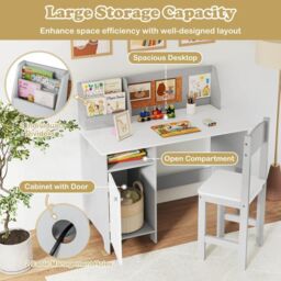 Costway Kids Table & Chair Set Children Study Table w/ Hutch in White - thumbnail 5