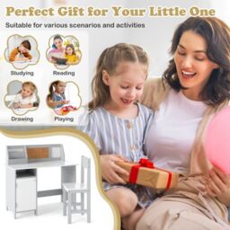Costway Kids Table & Chair Set Children Study Table w/ Hutch in White - thumbnail 9
