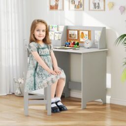 Costway Kids Table & Chair Set Children Study Table w/ Hutch in White - thumbnail 3