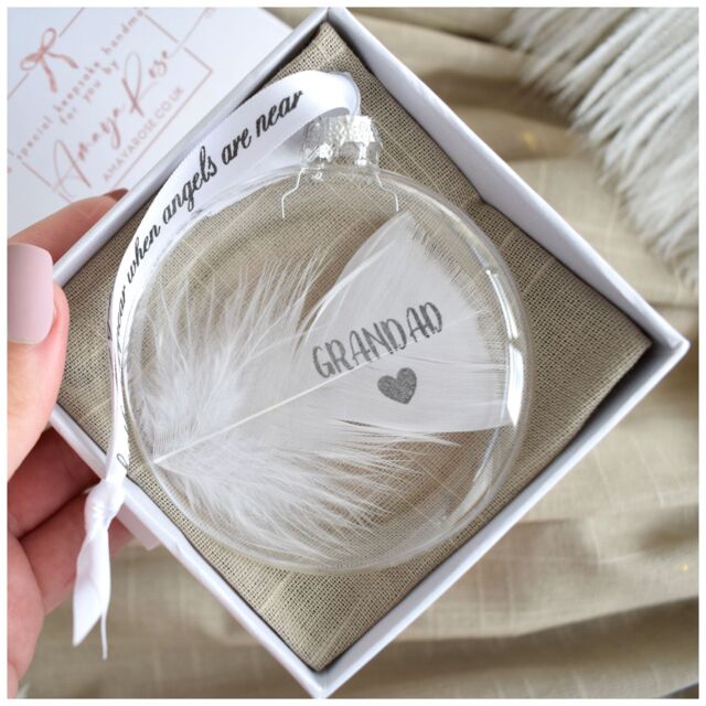 Amaya Rose Ltd In Memory of Grandad Feather Round Bauble Gift Boxed. Memorial Décor in Clear