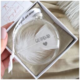 Amaya Rose Ltd In Memory of Grandad Feather Round Bauble Gift Boxed. Memorial Décor in Clear - thumbnail 1