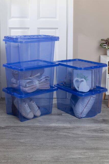 Wham Crystal 5 x 28L Stackable Plastic Storage Boxes with Lids in Blue - image 1