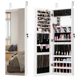 Costway Door Hanging Jewellery Cabinet Wall Mounted Jewelry Armoire w/ Full Length Mirro Lockable Cosmetics Jewellery Organiser Unit in White - thumbnail 1