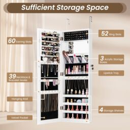 Costway Door Hanging Jewellery Cabinet Wall Mounted Jewelry Armoire w/ Full Length Mirro Lockable Cosmetics Jewellery Organiser Unit in White - thumbnail 5