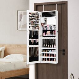 Costway Door Hanging Jewellery Cabinet Wall Mounted Jewelry Armoire w/ Full Length Mirro Lockable Cosmetics Jewellery Organiser Unit in White - thumbnail 3