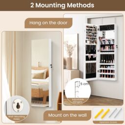 Costway Door Hanging Jewellery Cabinet Wall Mounted Jewelry Armoire w/ Full Length Mirro Lockable Cosmetics Jewellery Organiser Unit in White - thumbnail 4