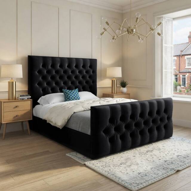 Casani Poulton Upholstered Black Soft Velvet Designer Bed Frame - Size: Single - image 1