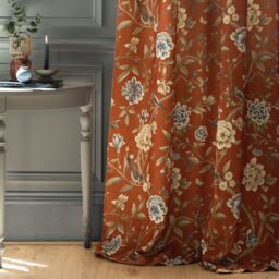 Sanderson Porcelain Garden Printed Chenille Room Darkening Pencil Pleat Curtains in Burnt Orange - Size: 229 cm width x 137 cm drop - thumbnail 4