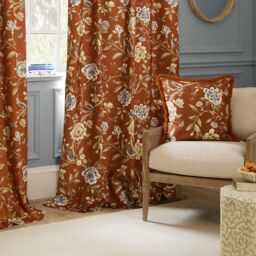 Sanderson Porcelain Garden Printed Chenille Room Darkening Pencil Pleat Curtains in Burnt Orange - Size: 229 cm width x 137 cm drop - thumbnail 5