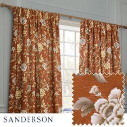 Sanderson Porcelain Garden Printed Chenille Room Darkening Pencil Pleat Curtains in Burnt Orange - Size: 229 cm width x 137 cm drop - thumbnail 1