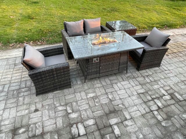 Fimous 4 Seater Outdoor Rattan Sofa Set Garden Furniture Gas Firepit Dining Table Heater with Side Table in Dark Grey
