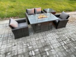 Fimous 4 Seater Outdoor Rattan Sofa Set Garden Furniture Gas Firepit Dining Table Heater with Side Table in Dark Grey - thumbnail 1