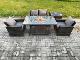 Fimous 4 Seater Outdoor Rattan Sofa Set Garden Furniture Gas Firepit Dining Table Heater with Side Table in Dark Grey - thumbnail 2