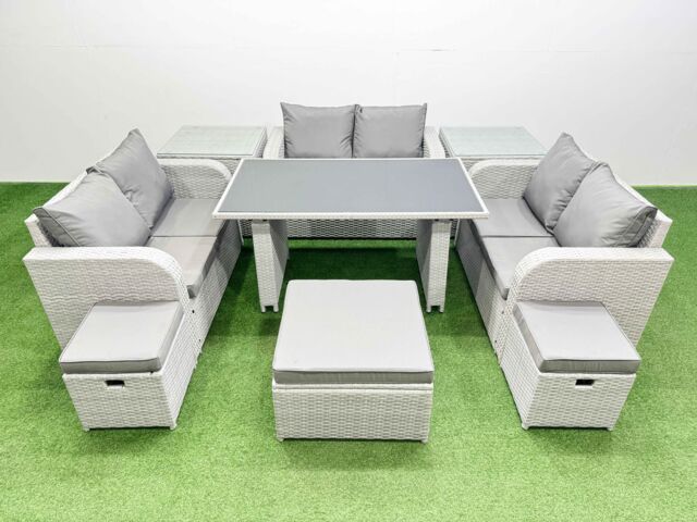 Fimous 9 Seater Patio Garden Furniture Sets with 2 Side Tables 3 Stool in Light Grey - image 1