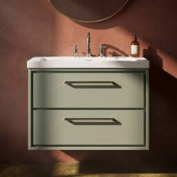 Balterley Wall Hung 2-Drawer Bathroom Vanity with Fireclay Basin, Green, 800mm in Green - thumbnail 3
