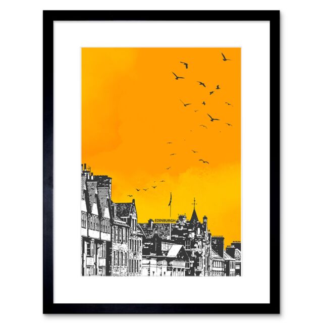 "Artery8 Wall Art Print Rooftop Birds Edinburgh Framed 9X7 in Black - Size: W7"" x H9""" - image 1