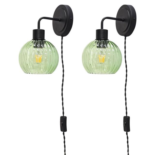 First Choice Lighting Set of 2 Toby - Black Plug in Wall Lights Green Ribbed Shades - image 1