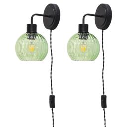First Choice Lighting Set of 2 Toby - Black Plug in Wall Lights Green Ribbed Shades