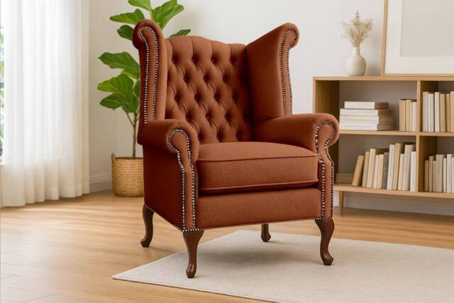 Somnior Chesterfield Queen Anne Scrolled Arm Chair Sherpa Fabric in Burnt Orange - Size: 1 Seater - image 1