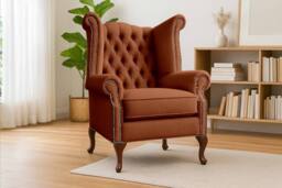 Somnior Chesterfield Queen Anne Scrolled Arm Chair Sherpa Fabric in Burnt Orange - Size: 1 Seater