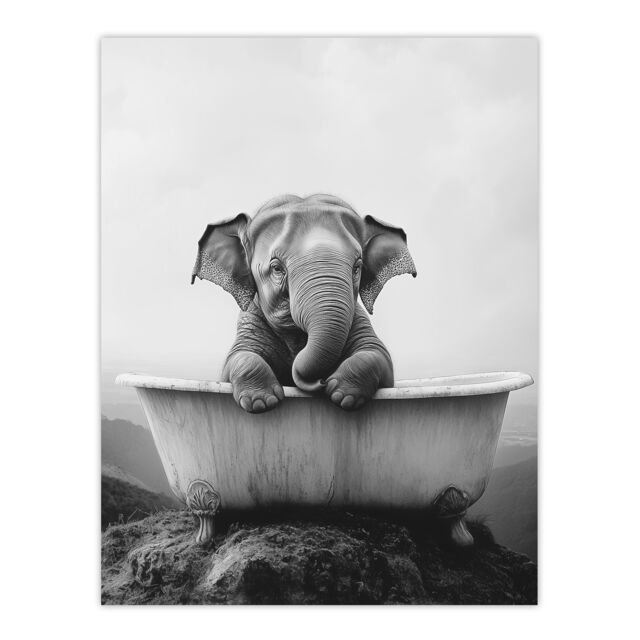 "Artery8 Cute Baby Elephant In Bathtub Black White Surreal Wall Art Print in Grey - Size: W24"" x H32""" - image 1