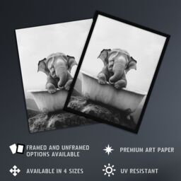 "Artery8 Cute Baby Elephant In Bathtub Black White Surreal Wall Art Print in Grey - Size: W24"" x H32""" - thumbnail 2