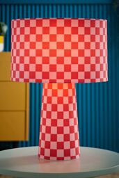 ValueLights Pritchard Pink Checkerboard Drum Shade Full Fabric Table Lamp in Bright Pink