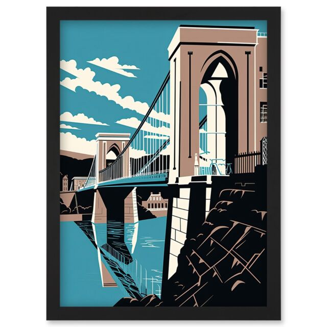 Artery8 Clifton Suspension Bridge Tan Brown Blue Linocut Artwork Framed Wall Art Print A4 in Black - image 1