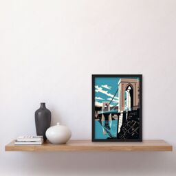 Artery8 Clifton Suspension Bridge Tan Brown Blue Linocut Artwork Framed Wall Art Print A4 in Black - thumbnail 2