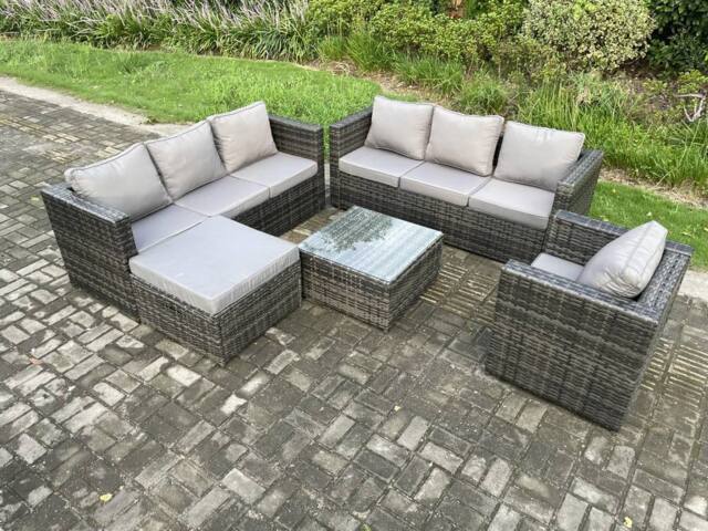 Fimous Rattan Garden Furniture Sofa Set with Armchair Square Coffee Table Big Footstool Indoor Outdoor 8 Seater Rattan Set in Dark Grey - image 1