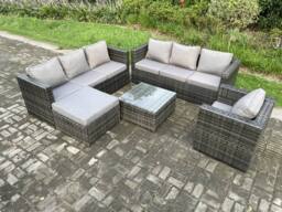 Fimous Rattan Garden Furniture Sofa Set with Armchair Square Coffee Table Big Footstool Indoor Outdoor 8 Seater Rattan Set in Dark Grey - thumbnail 1