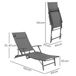 OUTSUNNY Set of 2 Garden Sun Loungers, Folding Chaise Lounge Chairs, Grey - thumbnail 3