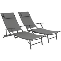 OUTSUNNY Set of 2 Garden Sun Loungers, Folding Chaise Lounge Chairs, Grey - thumbnail 2
