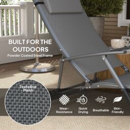 OUTSUNNY Set of 2 Garden Sun Loungers, Folding Chaise Lounge Chairs, Grey - thumbnail 5