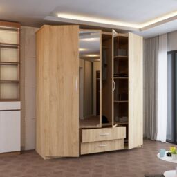 MN Furniture Louise 4 Door Hinged wardrobe with Mirror & Drawers- 171 x 198cm in Light Oak - Size: 171 x 198 cm - thumbnail 3