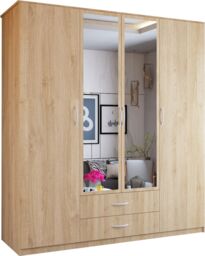 MN Furniture Louise 4 Door Hinged wardrobe with Mirror & Drawers- 171 x 198cm in Light Oak - Size: 171 x 198 cm - thumbnail 2