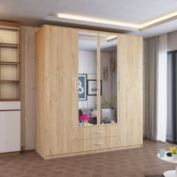 MN Furniture Louise 4 Door Hinged wardrobe with Mirror & Drawers- 171 x 198cm in Light Oak - Size: 171 x 198 cm - thumbnail 1