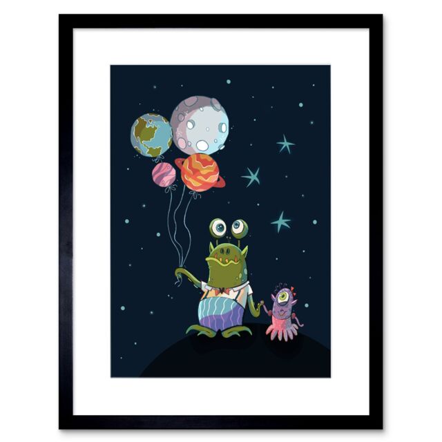 "Artery8 Wall Art Print Aliens Space Planet Balloons Framed Art in Black - Size: W7"" x H9""" - image 1