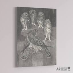 "Artery8 Four Owls & Two Kestrels Canvas Wall Art Print van Hoytema in Grey - Size: W24"" x H32""" - thumbnail 2