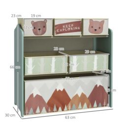 ZONEKIZ Kids Storage Unit, Childrens Toy Storage Organiser, with 6 Fabric Bins in Green - thumbnail 3