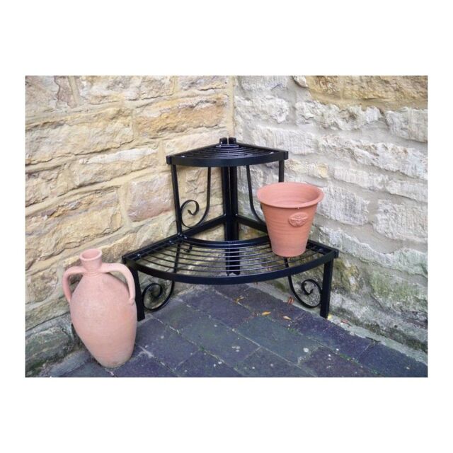 Poppyforge 2 Tier Corner Stand - Decorative Garden Shelf - Solid Steel - Black