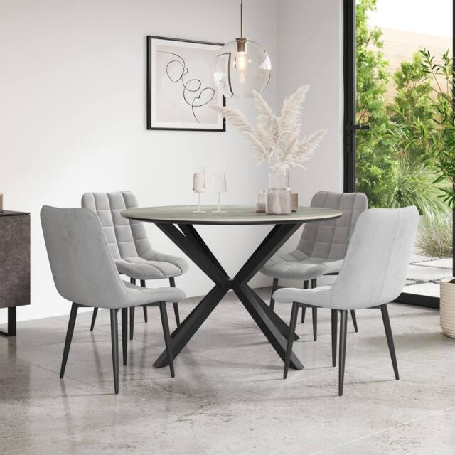 More4Homes Calne Light grey Ceramic Round Dining Table & 4 Nova Velvet Chairs - image 1