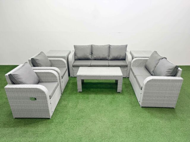 Fimous PE Rattan Garden Furniture Set Adjustable Chair Sofa Double Love Seat 2 Seater Sofa Lounge Set Rectangular Coffee Table 2 Side Table Light Grey - image 1