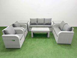 Fimous PE Rattan Garden Furniture Set Adjustable Chair Sofa Double Love Seat 2 Seater Sofa Lounge Set Rectangular Coffee Table 2 Side Table Light Grey - thumbnail 1