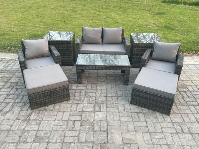 Fimous Outdoor Lounge Sofa Set Wicker PE Rattan Garden Furniture Set with Rectangular Coffee Table Armchair in Dark Grey