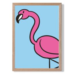 ARTZE Cute Cartoon Style Flamingo Framed Print SIZE: A3 with Oak Frame in Pink - Size: A4