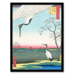 Artery8 Minowa Kanasugi Cranes Birds Retro Japan Framed Wall Art Print Hiroshige in Green - Size: A4 - thumbnail 1